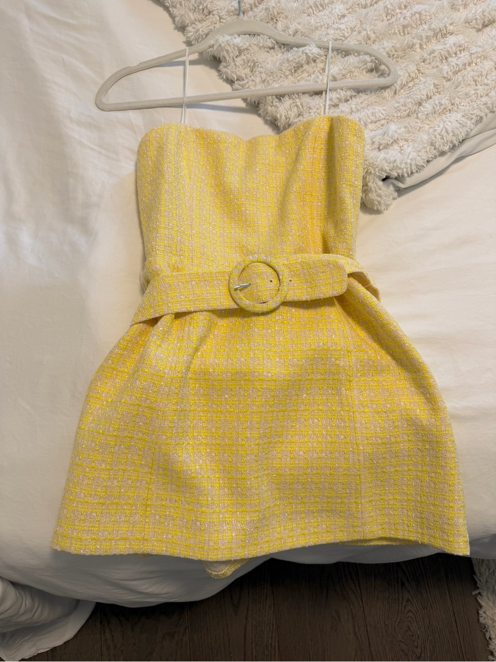 Amanda Uprichard Strapless Yellow Tweed Belted Mini Dress